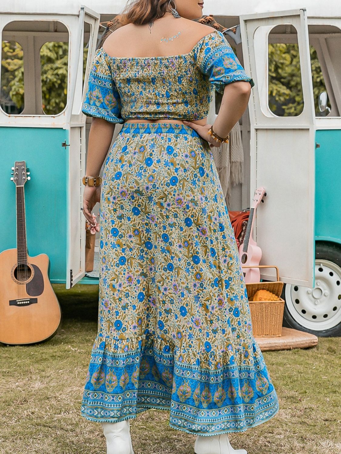 Beach Rose Co.Plus Size Smocked Off Shoulder Top and Maxi Skirt Set in Sky Blue