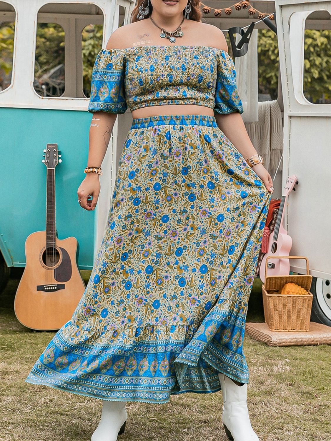 Beach Rose Co.Plus Size Smocked Off Shoulder Top and Maxi Skirt Set in Sky Blue