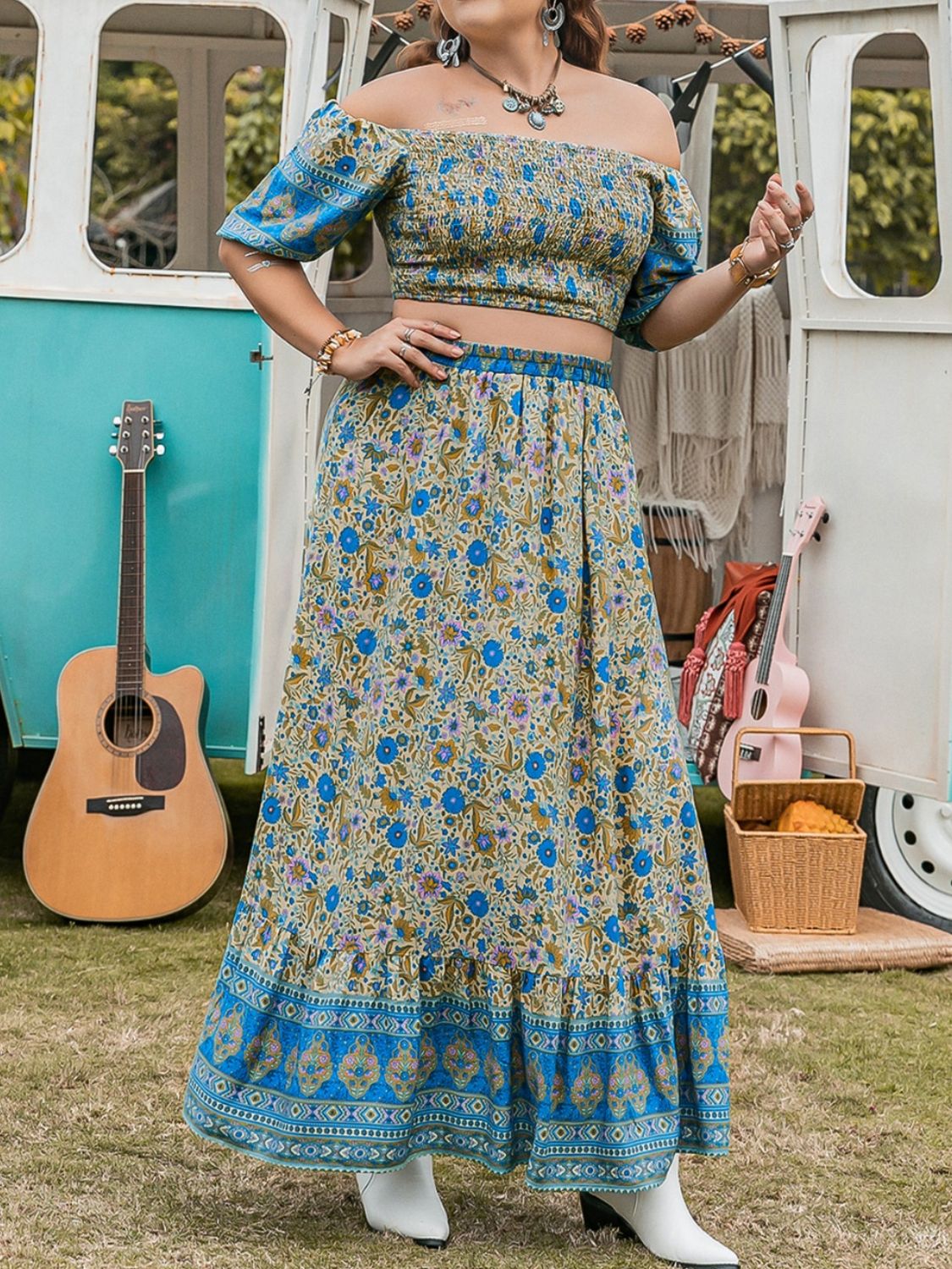 Beach Rose Co.Plus Size Smocked Off Shoulder Top and Maxi Skirt Set in Sky Blue