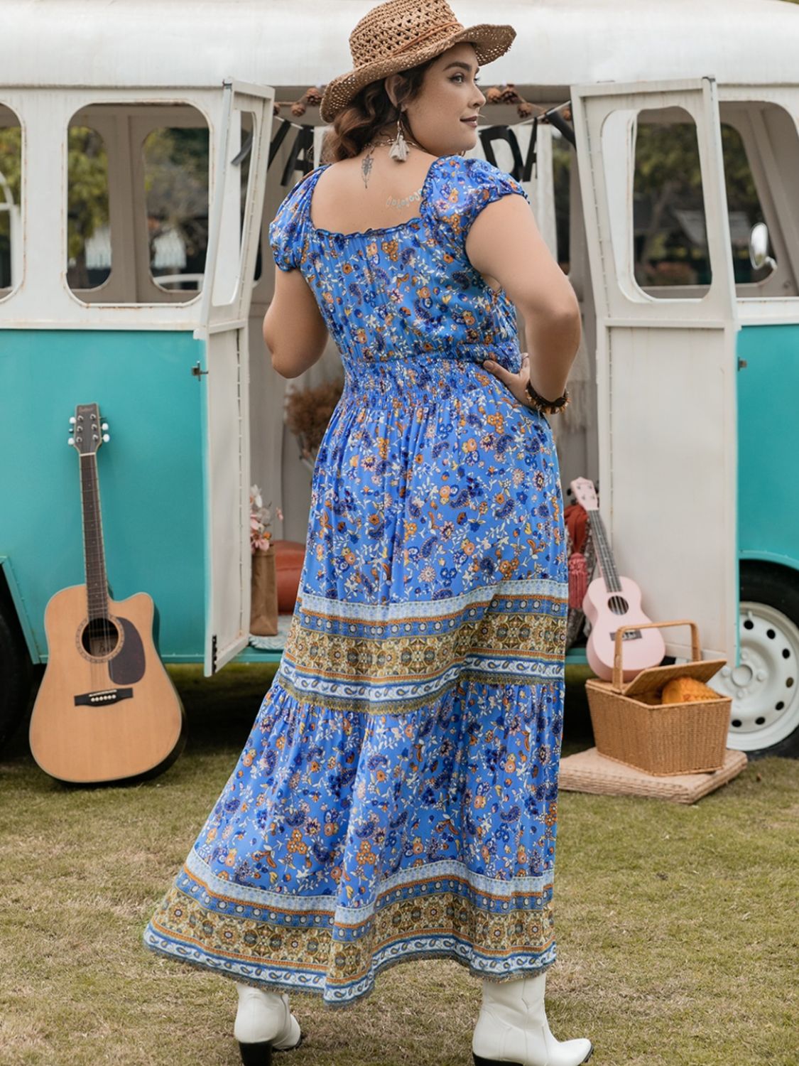 Beach Rose Co.Plus Size Smocked Waist Floral Print Cap Sleeve Maxi Dress in Blue