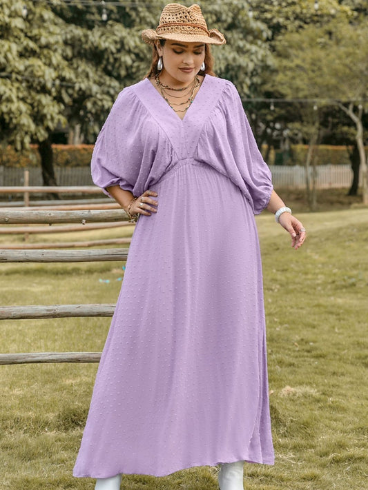 Beach Rose Co.Plus Size Swiss Dot V - Neck Maxi Dress in Pink Purple