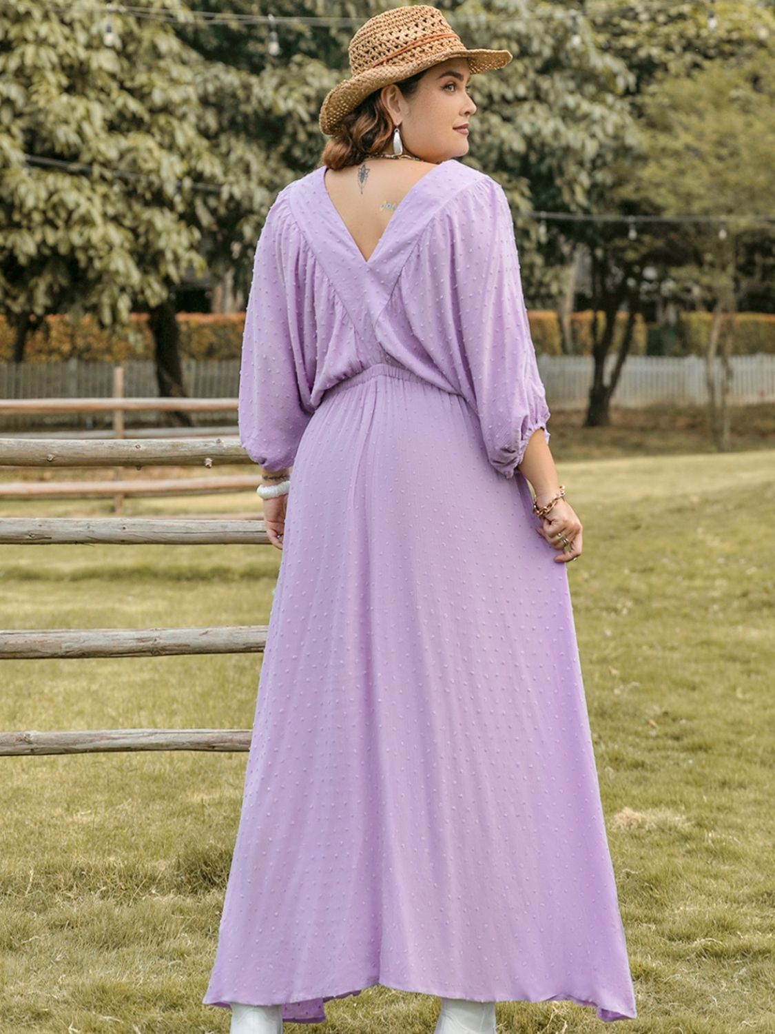 Beach Rose Co.Plus Size Swiss Dot V - Neck Maxi Dress in Pink Purple