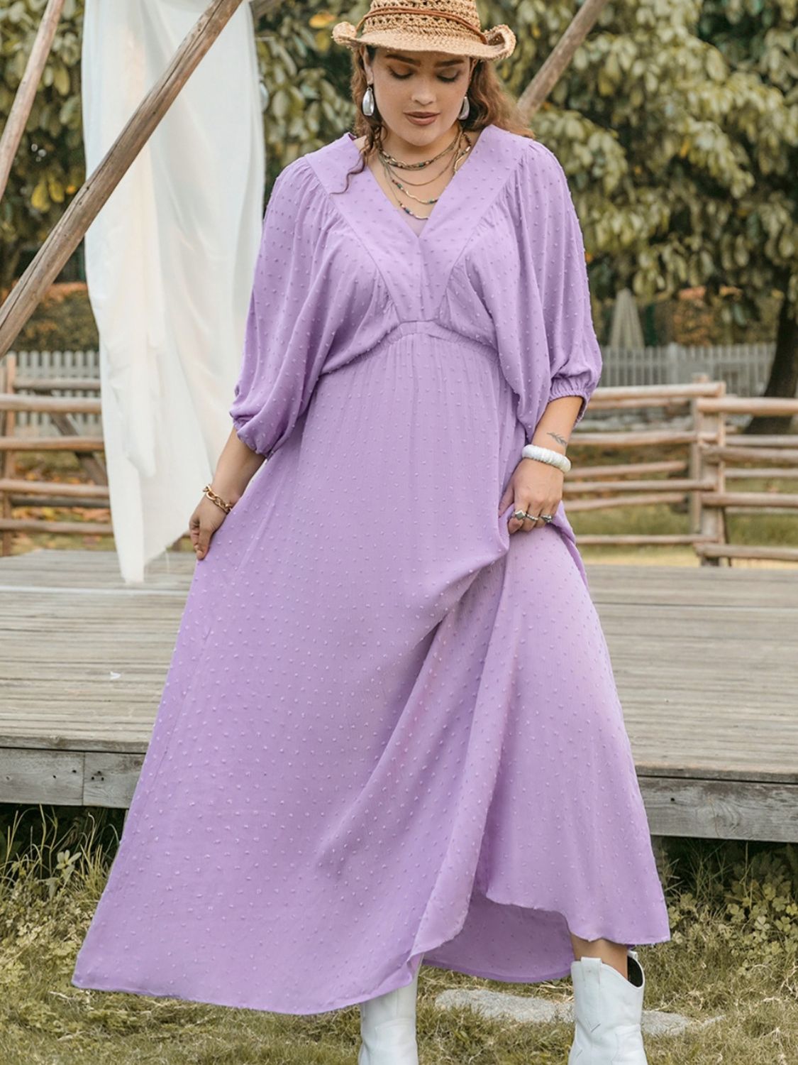 Beach Rose Co.Plus Size Swiss Dot V - Neck Maxi Dress in Pink Purple