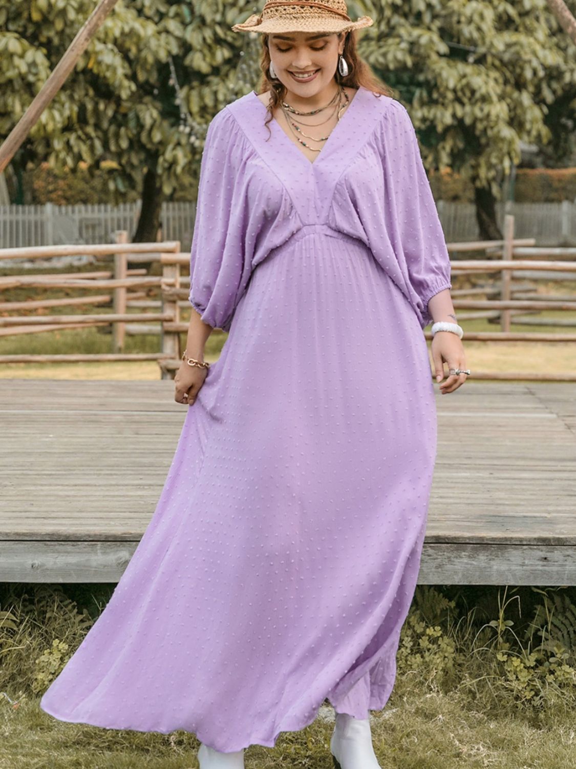 Beach Rose Co.Plus Size Swiss Dot V - Neck Maxi Dress in Pink Purple