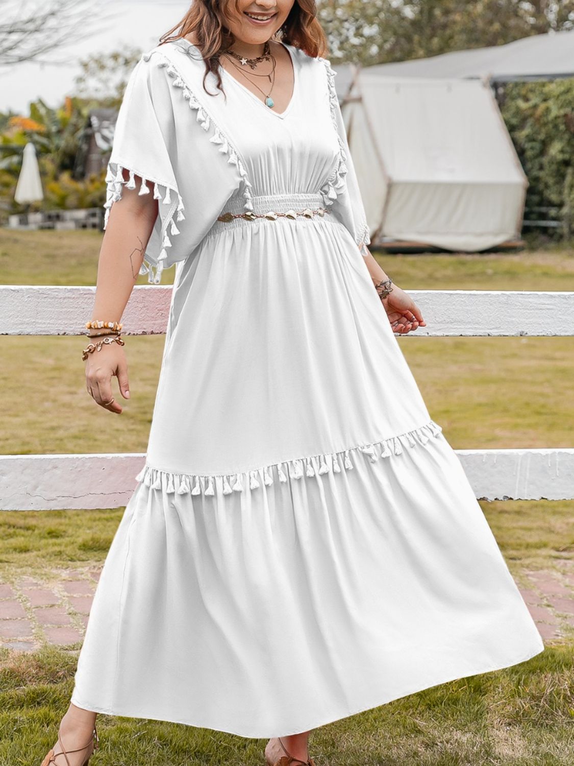 Beach Rose Co.Plus Size Tassel Trim Smocked Waist Half Sleeve Maxi Dress in White