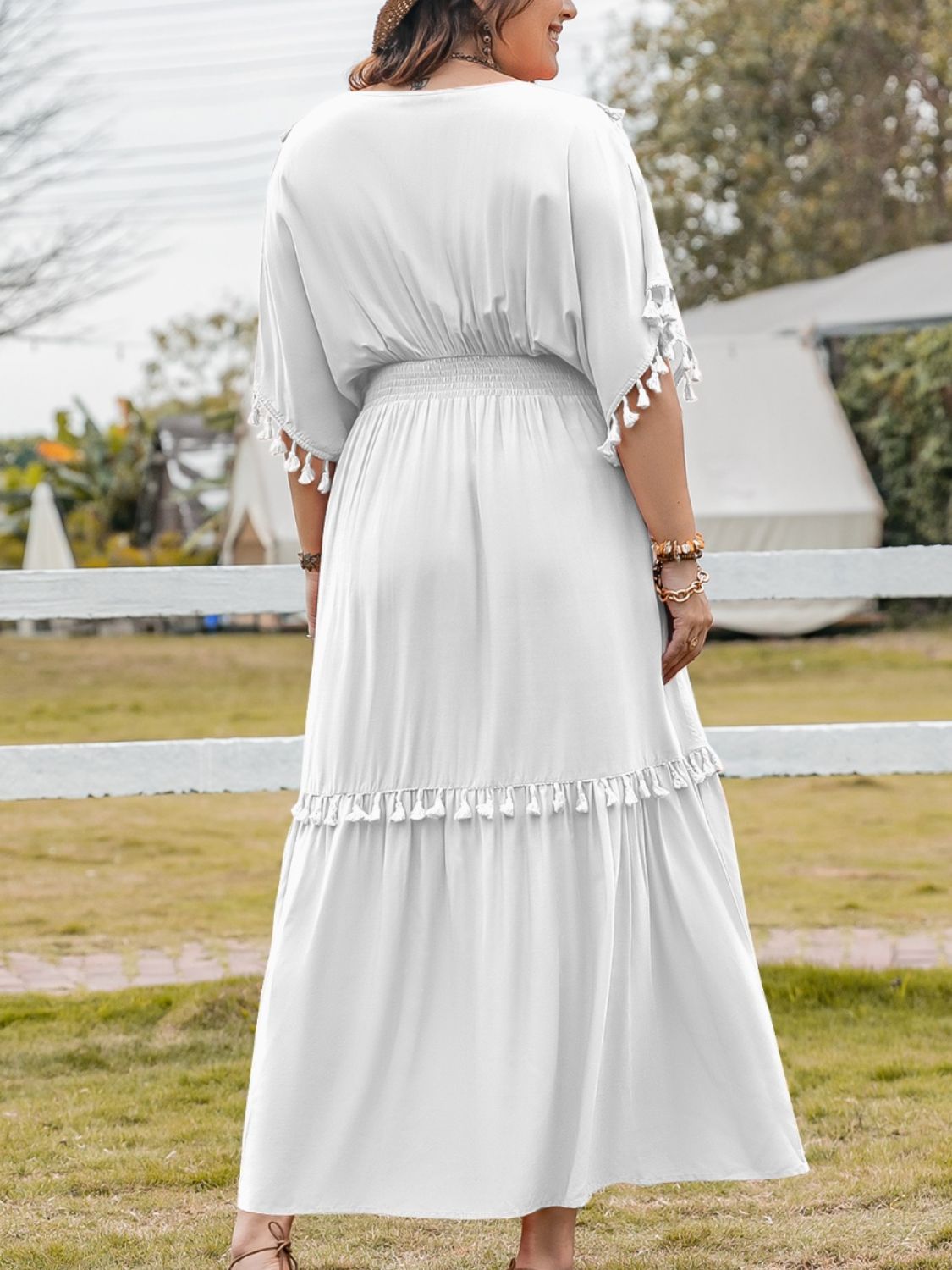 Beach Rose Co.Plus Size Tassel Trim Smocked Waist Half Sleeve Maxi Dress in White