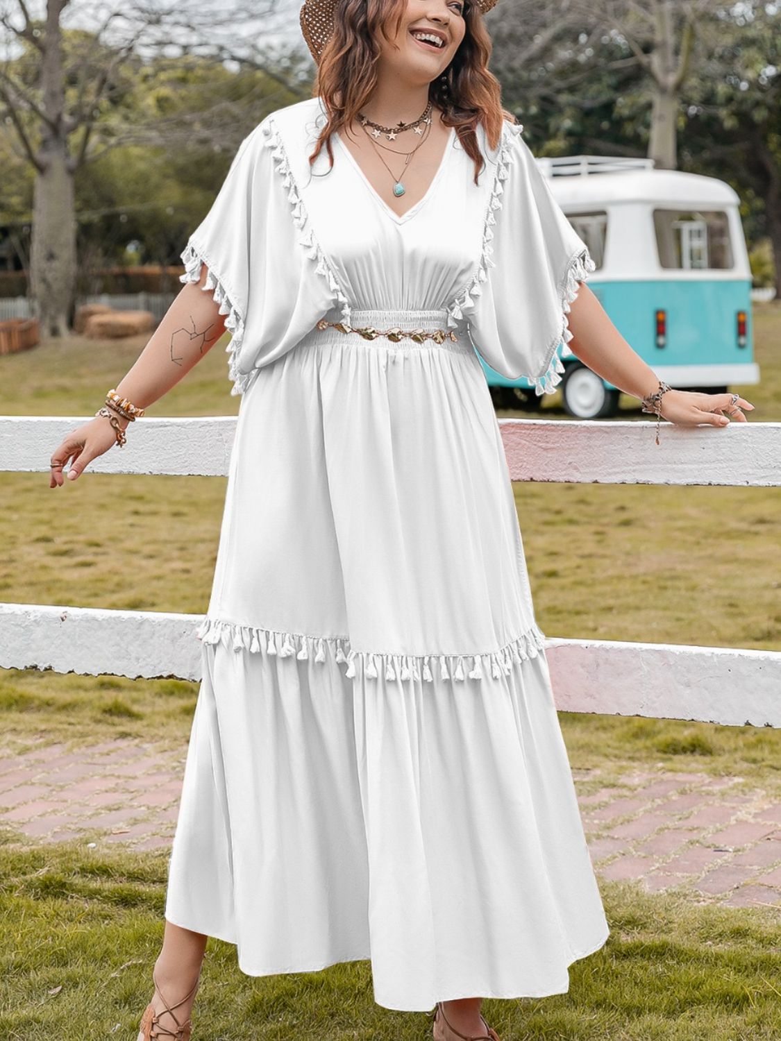 Beach Rose Co.Plus Size Tassel Trim Smocked Waist Half Sleeve Maxi Dress in White