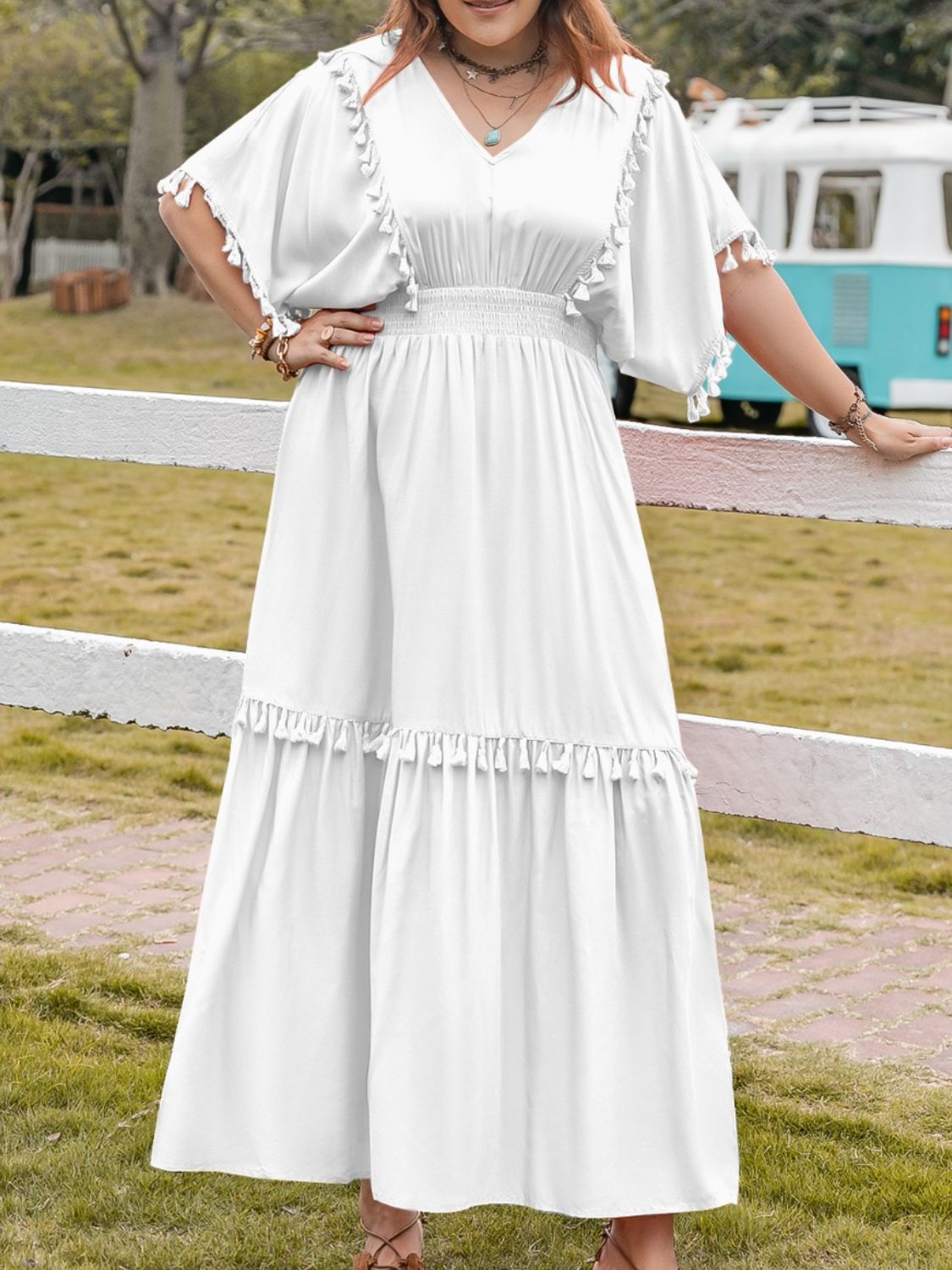 Beach Rose Co.Plus Size Tassel Trim Smocked Waist Half Sleeve Maxi Dress in White