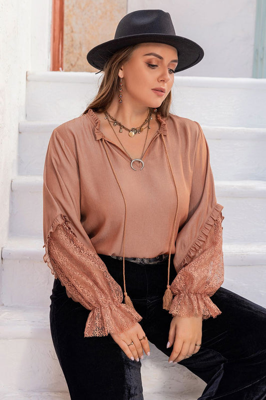 Beach Rose Co.Plus Size Tie Neck Flounce Sleeve Blouse in Dusty Pink