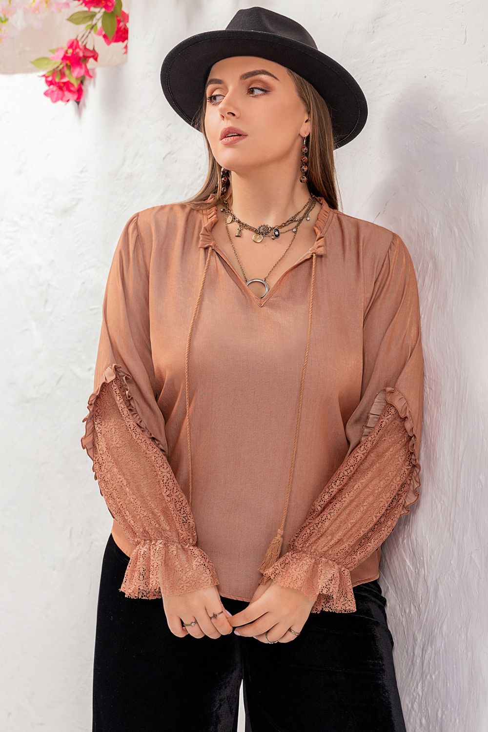 Beach Rose Co.Plus Size Tie Neck Flounce Sleeve Blouse in Dusty Pink