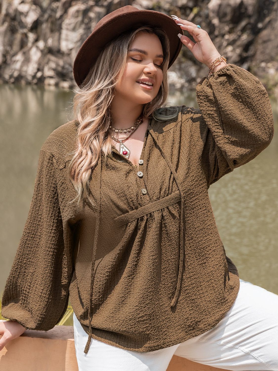 Beach Rose Co.Plus Size Tie Neck Long Sleeve Blouse in Coffee Brown