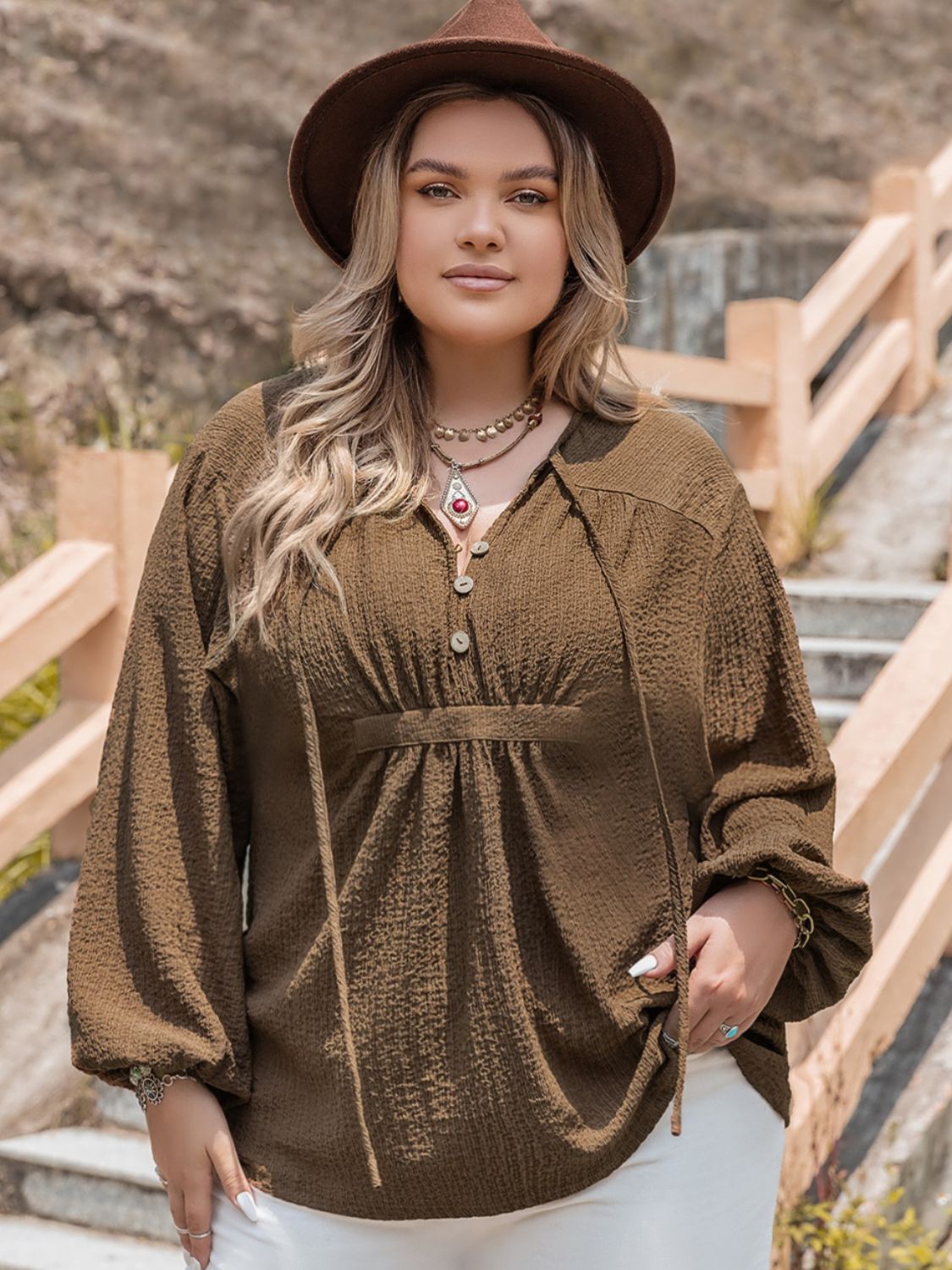 Beach Rose Co.Plus Size Tie Neck Long Sleeve Blouse in Coffee Brown