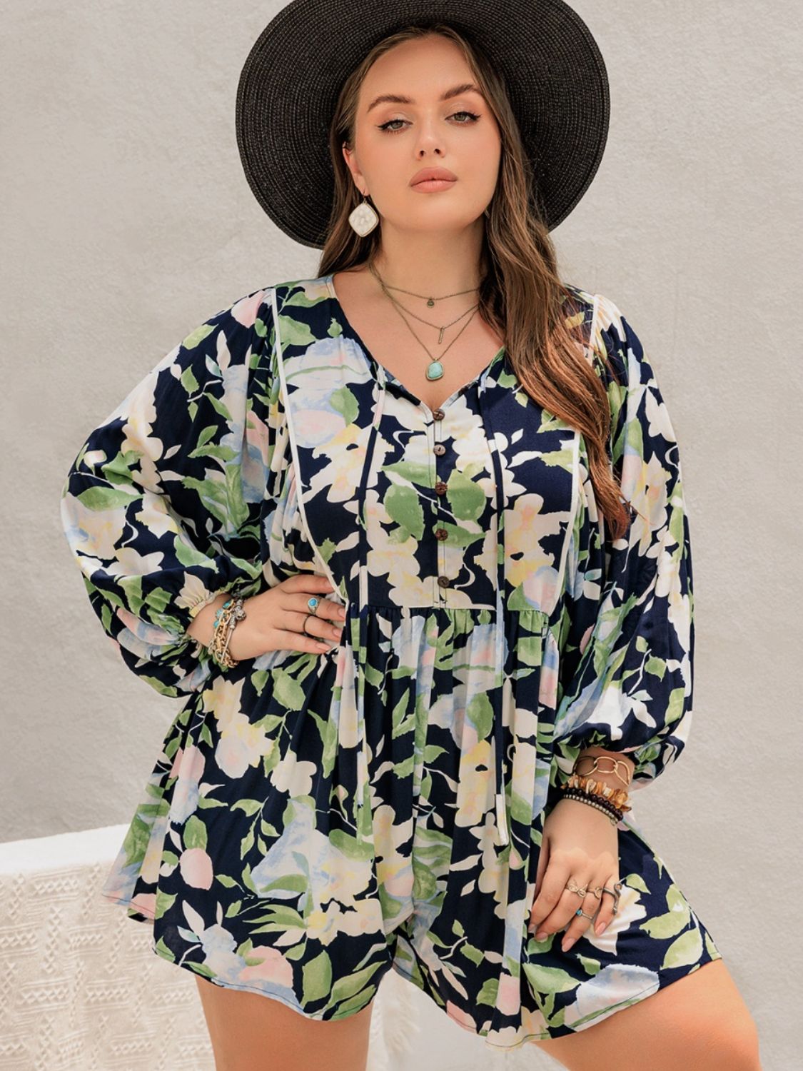 Beach Rose Co.Plus Size Tie Neck Printed Long Sleeve Romper in Pastel Blue