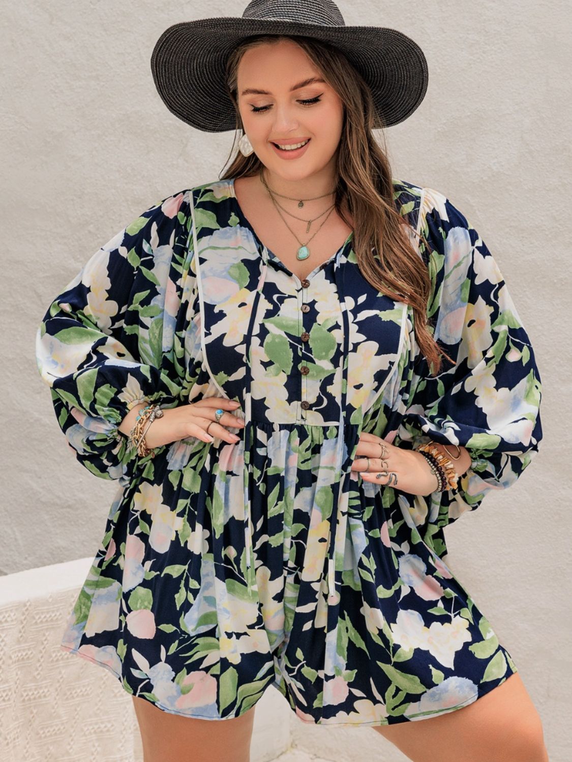 Beach Rose Co.Plus Size Tie Neck Printed Long Sleeve Romper in Pastel Blue