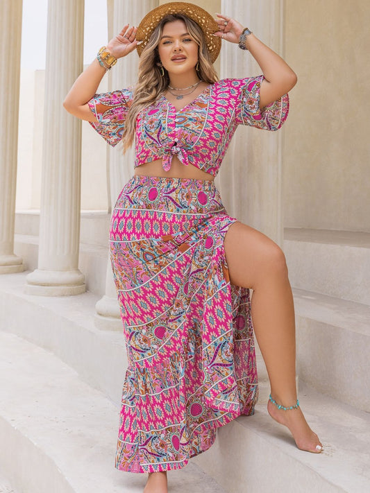 Beach Rose Co.Plus Size V - Neck Half Sleeve Top and Maxi Skirt Set in Hot Pink