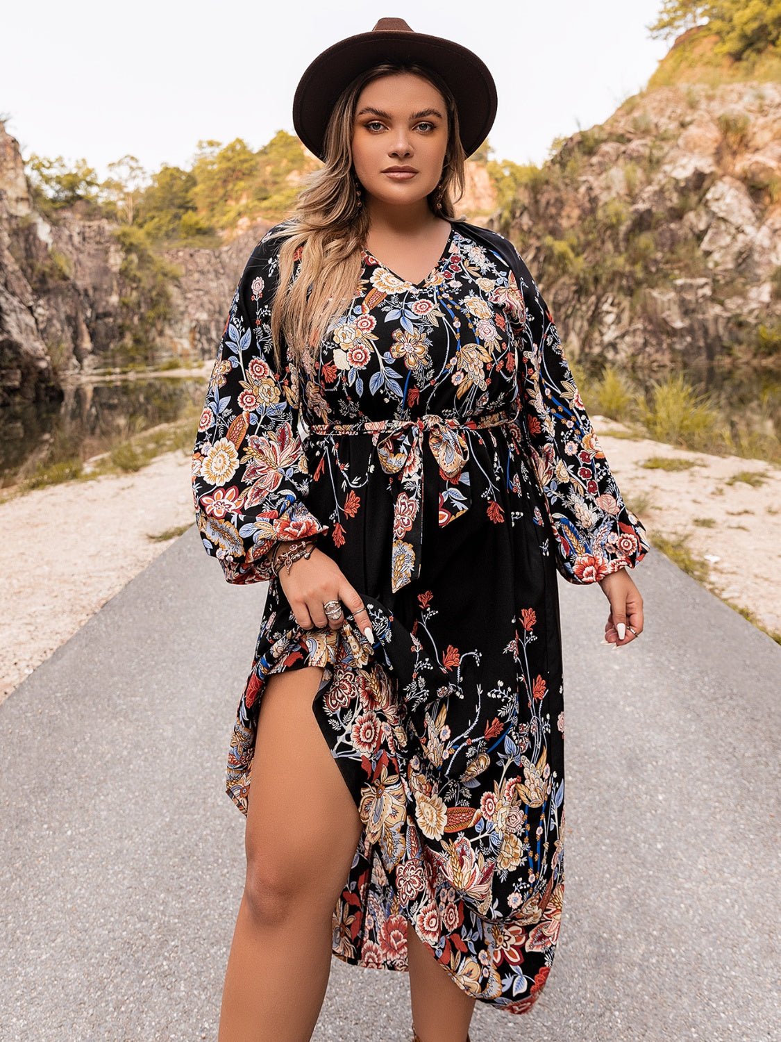 Beach Rose Co.Plus Size V - Neck Long Sleeve Floral Midi Dress in Black