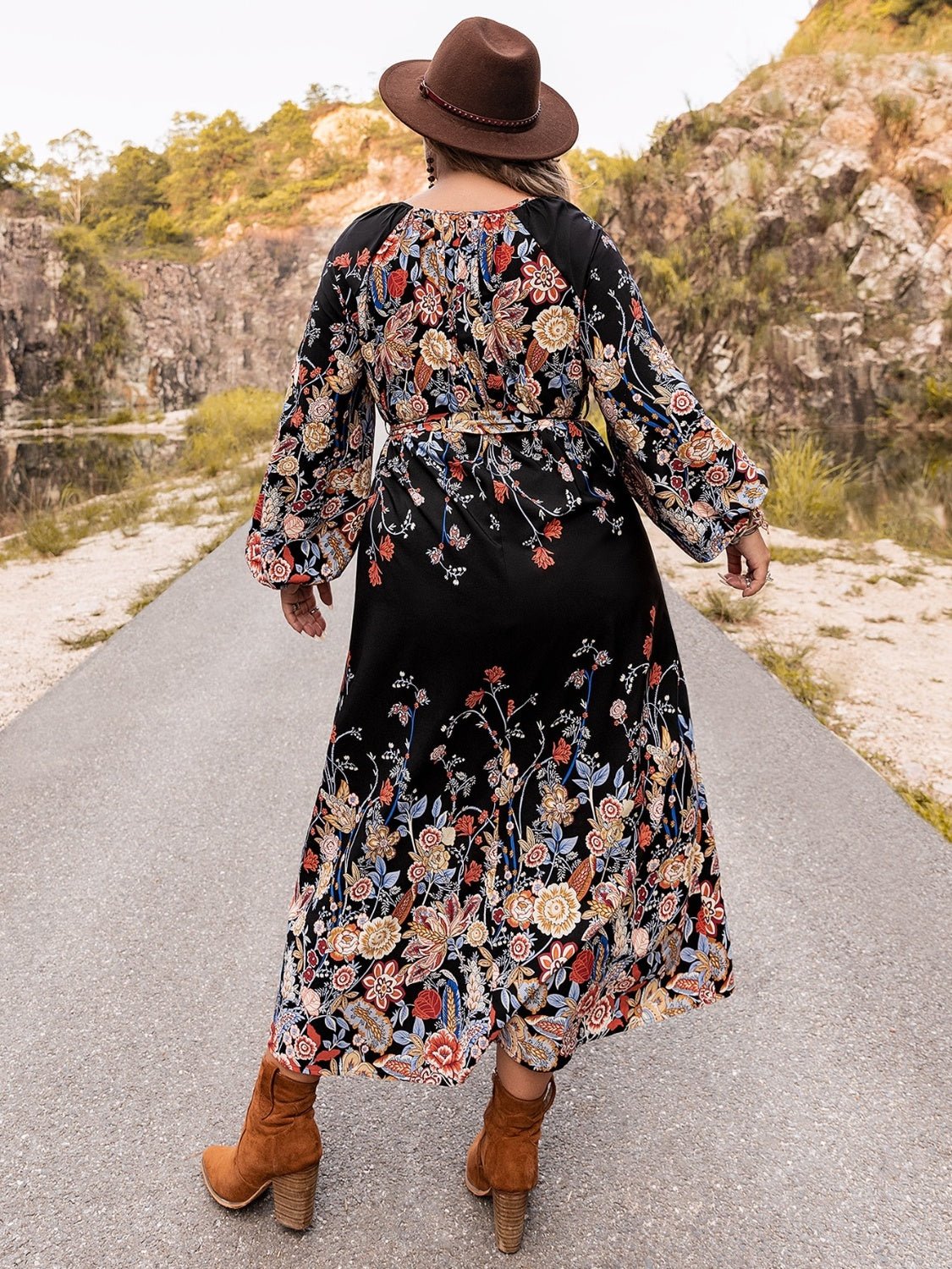 Beach Rose Co.Plus Size V - Neck Long Sleeve Floral Midi Dress in Black