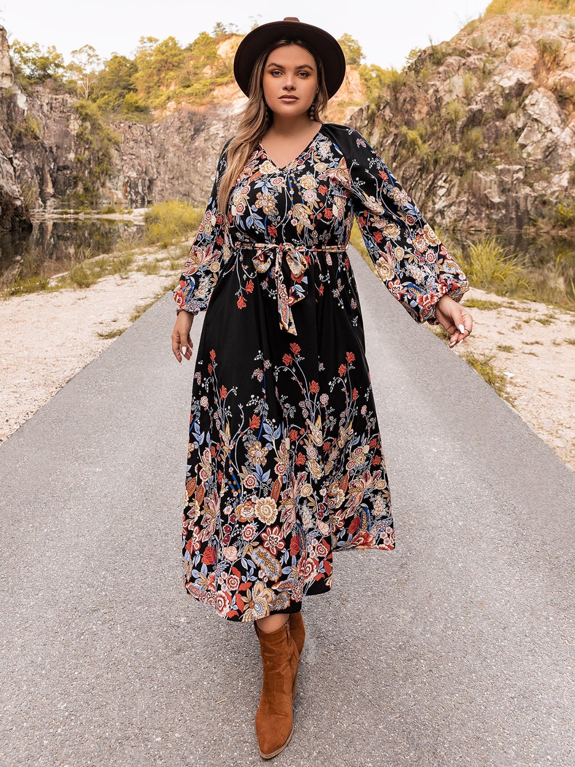 Beach Rose Co.Plus Size V - Neck Long Sleeve Floral Midi Dress in Black