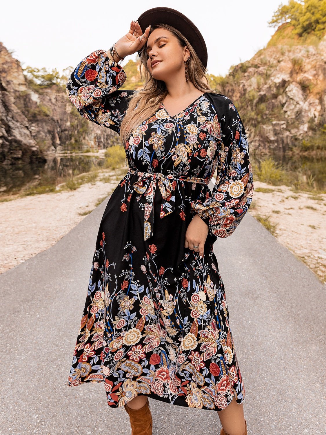 Beach Rose Co.Plus Size V - Neck Long Sleeve Floral Midi Dress in Black