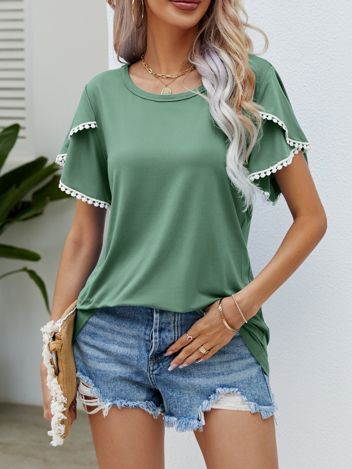 Beach Rose Co.Pom - Pom Trim Flutter Sleeve T - Shirt in Gum Leaf