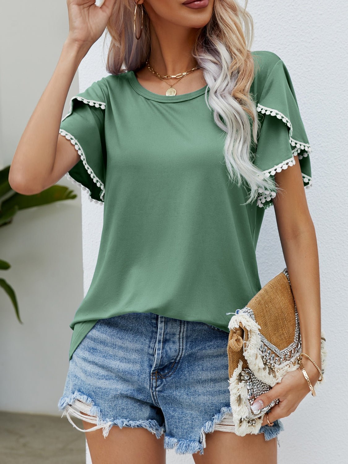 Beach Rose Co.Pom - Pom Trim Flutter Sleeve T - Shirt in Gum Leaf