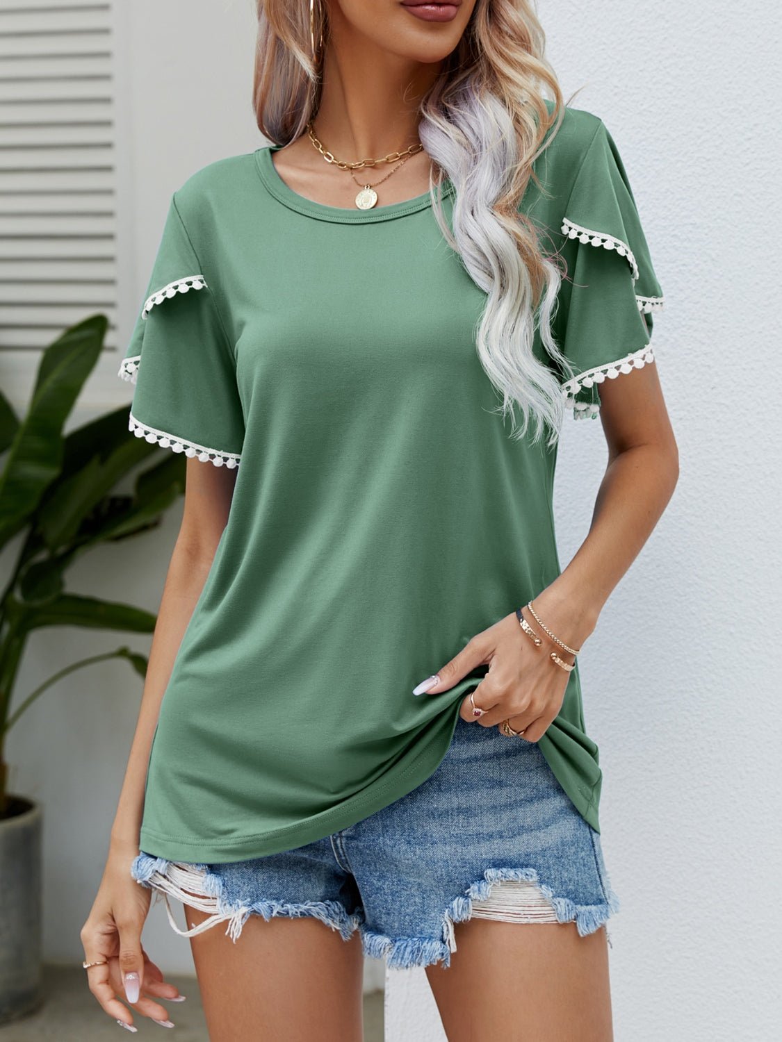 Beach Rose Co.Pom - Pom Trim Flutter Sleeve T - Shirt in Gum Leaf