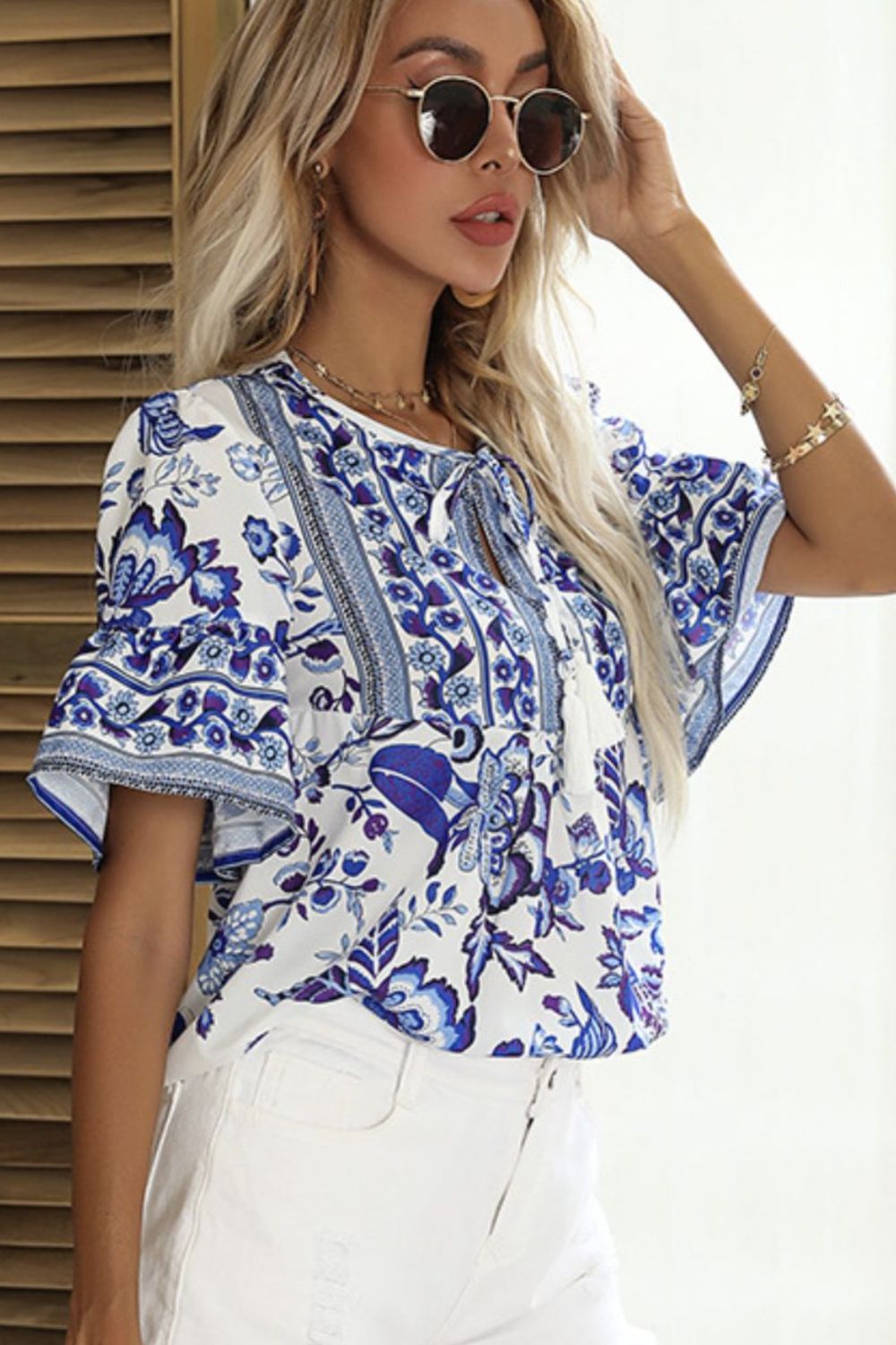 Beach Rose Co.Printed Buttoned Flounce Sleeve Blouse in Royal Blue