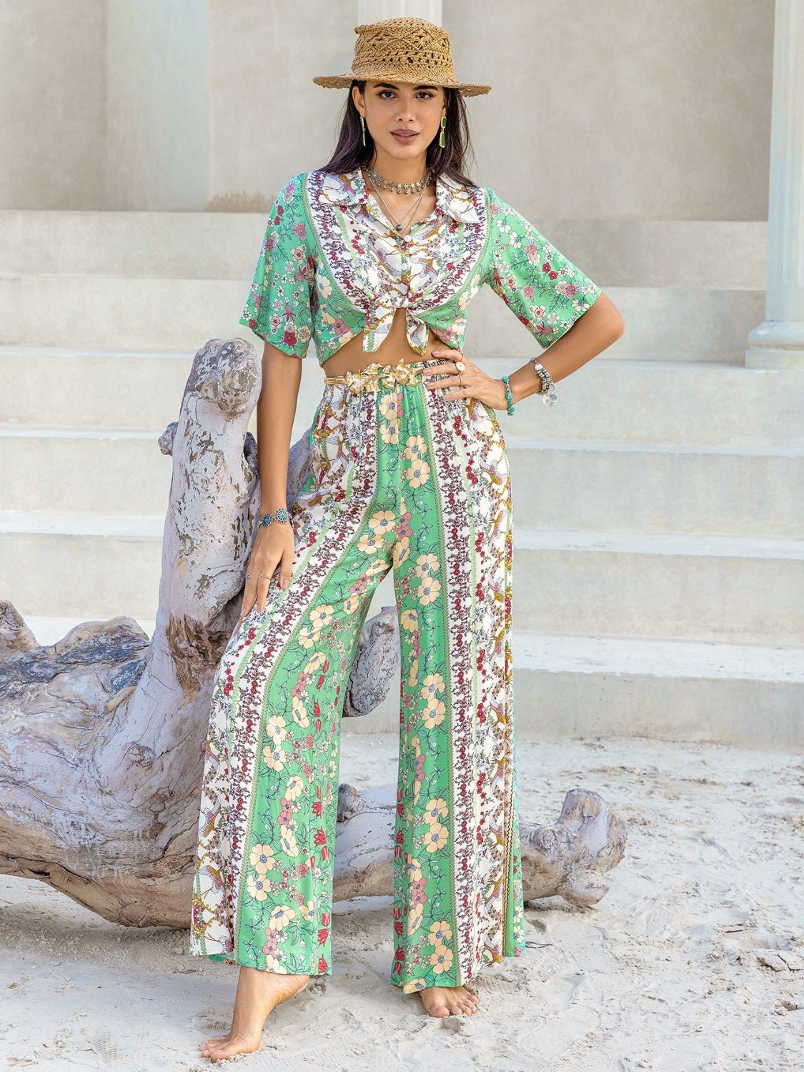 Beach Rose Co.Printed Half Sleeve Top and Wide Leg Pants Set in Gum Leaf