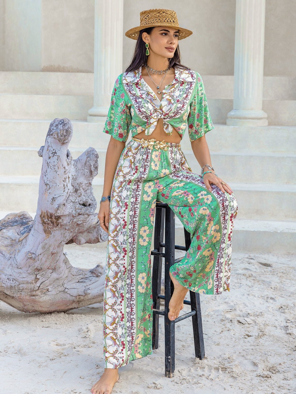 Beach Rose Co.Printed Half Sleeve Top and Wide Leg Pants Set in Gum Leaf