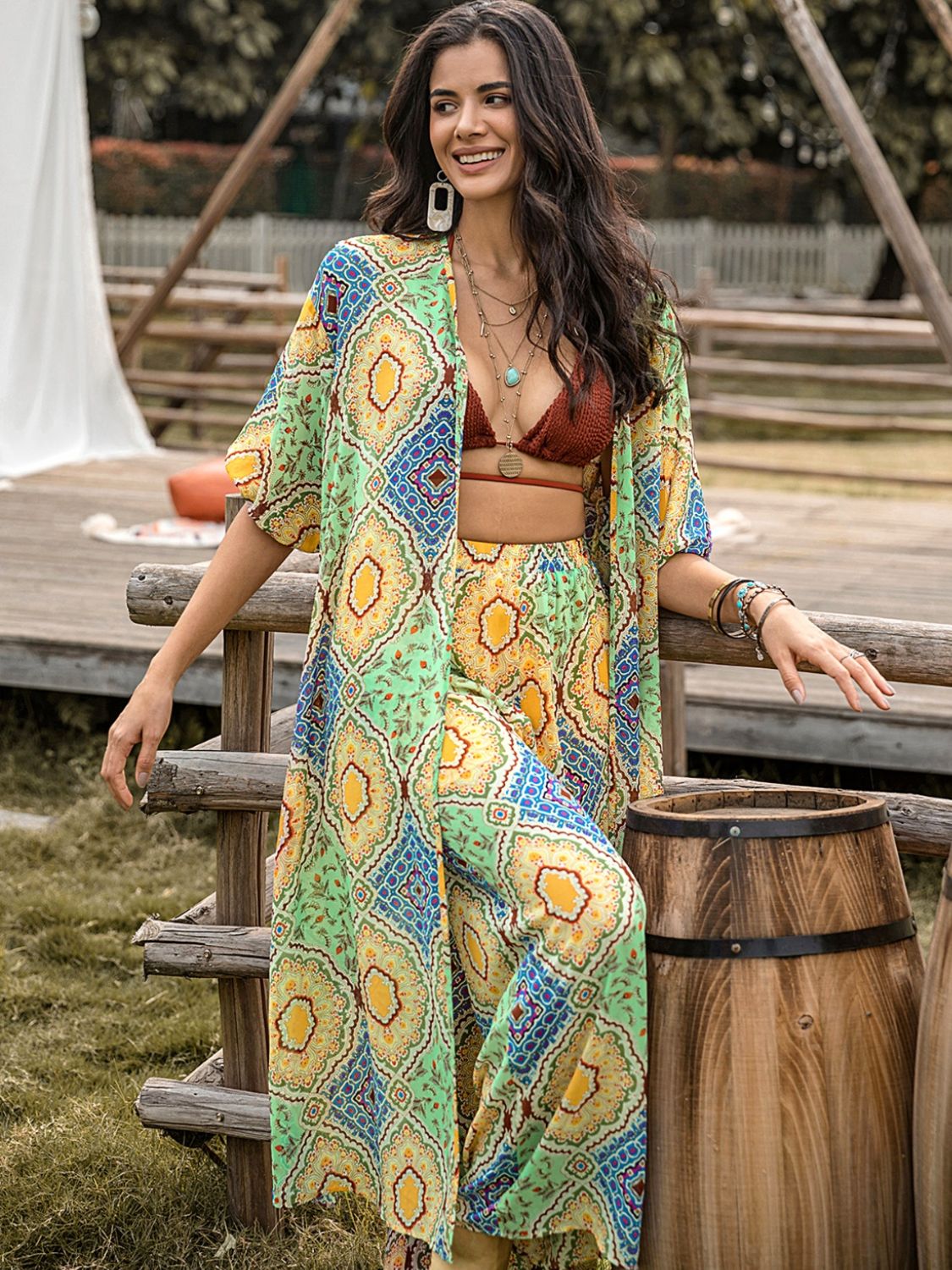 Beach Rose Co.Printed Half Sleeve Top and Wide Leg Pants Set in Gum Leaf