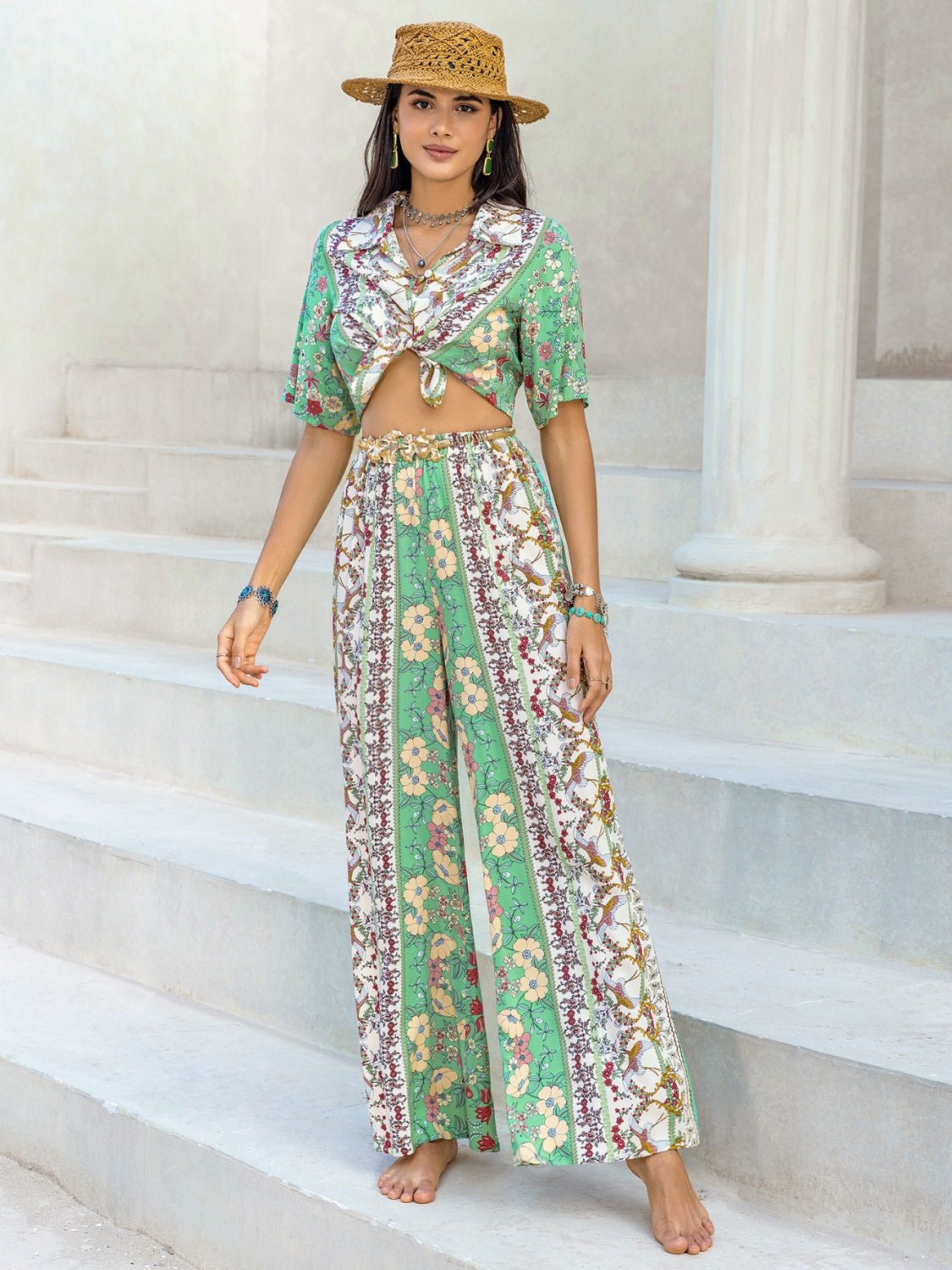 Beach Rose Co.Printed Half Sleeve Top and Wide Leg Pants Set in Gum Leaf