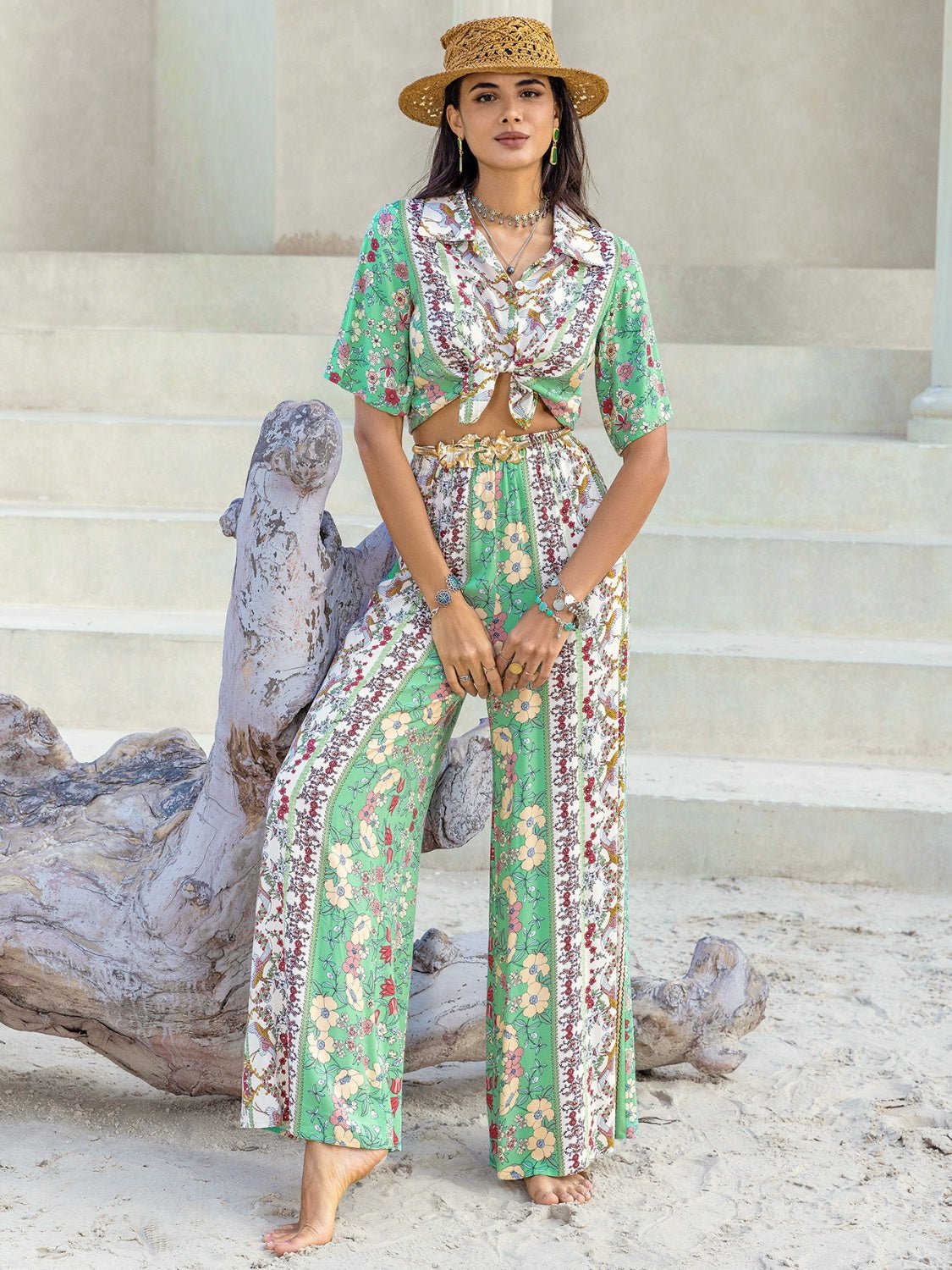 Beach Rose Co.Printed Half Sleeve Top and Wide Leg Pants Set in Gum Leaf