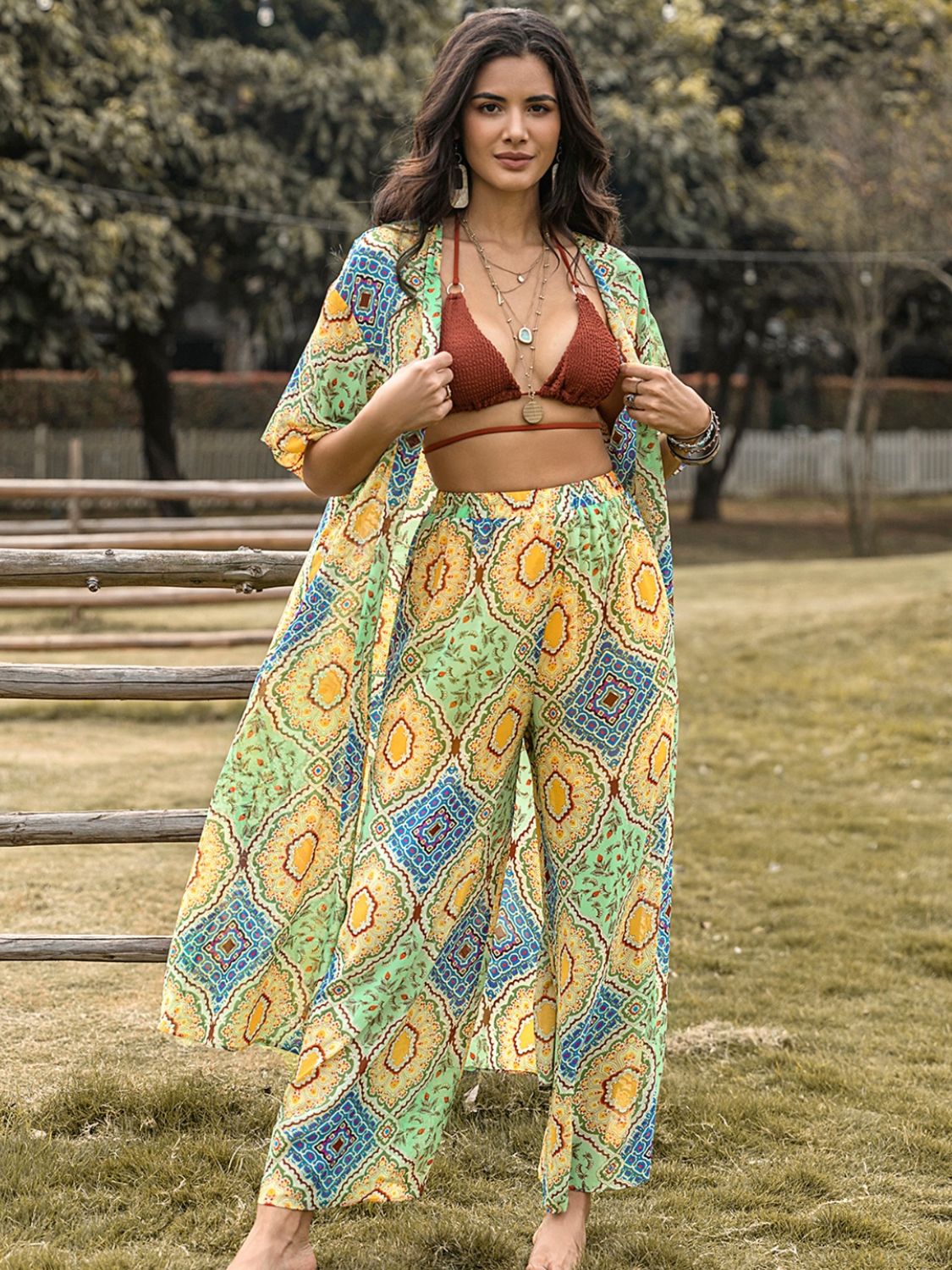 Beach Rose Co.Printed Half Sleeve Top and Wide Leg Pants Set in Gum Leaf