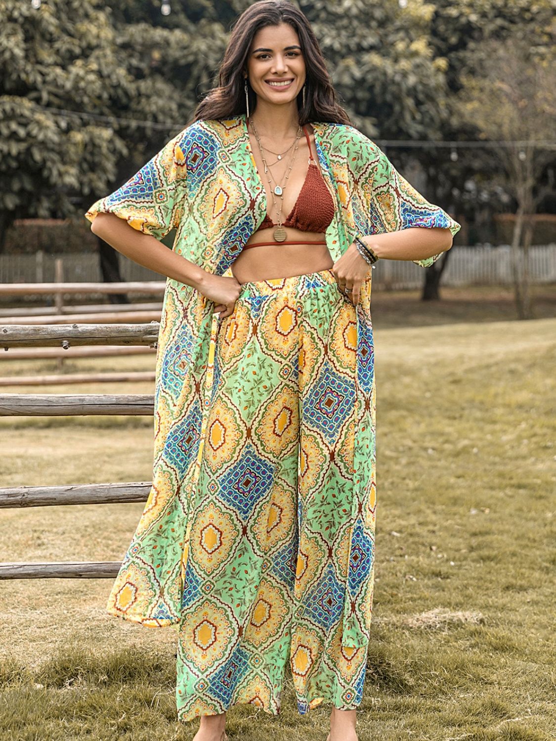 Beach Rose Co.Printed Half Sleeve Top and Wide Leg Pants Set in Gum Leaf