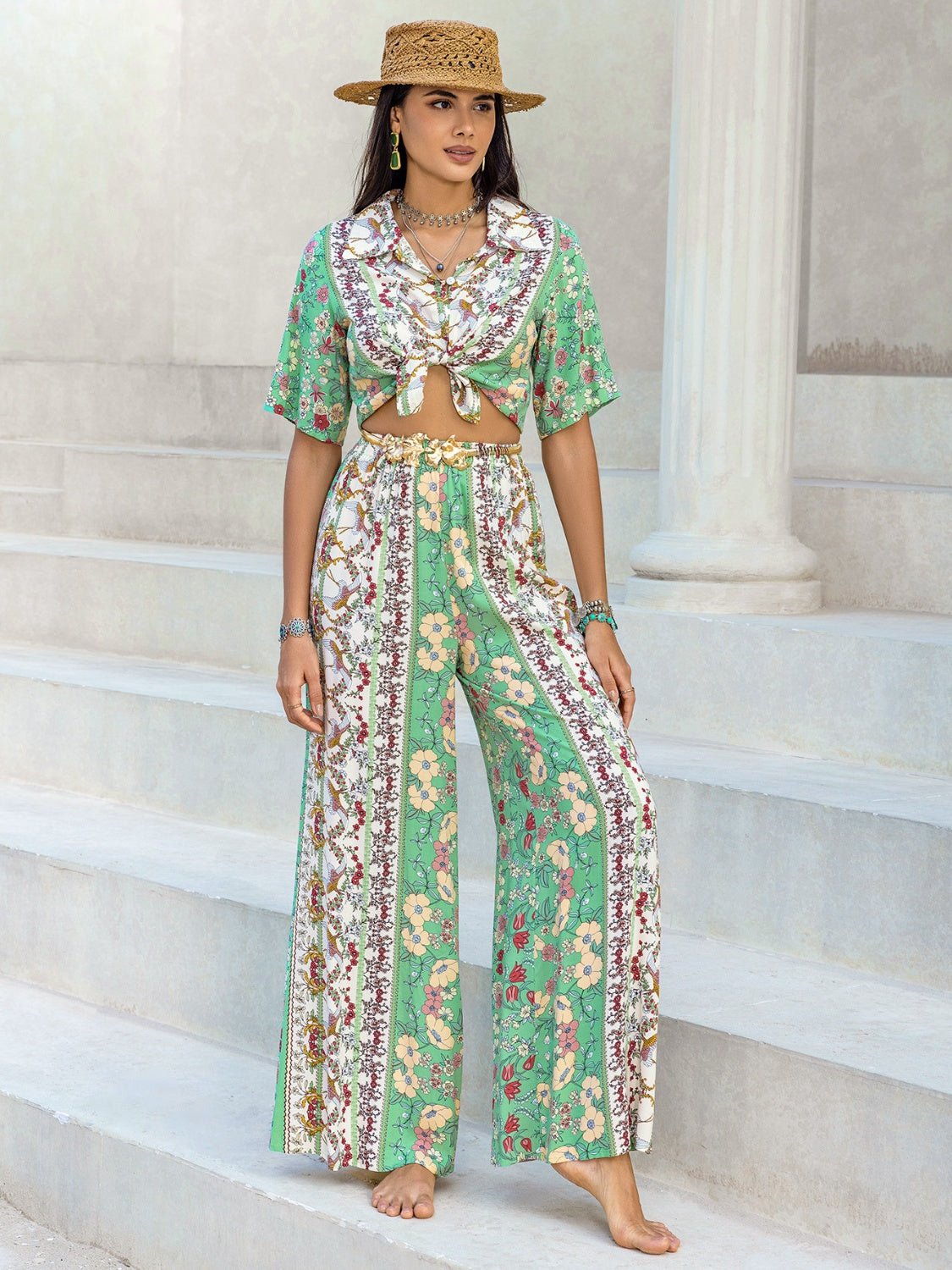 Beach Rose Co.Printed Half Sleeve Top and Wide Leg Pants Set in Gum Leaf