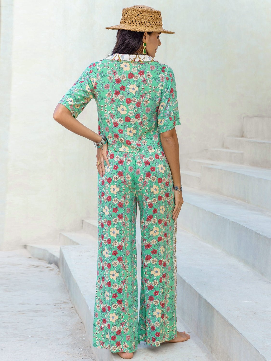 Beach Rose Co.Printed Half Sleeve Top and Wide Leg Pants Set in Gum Leaf