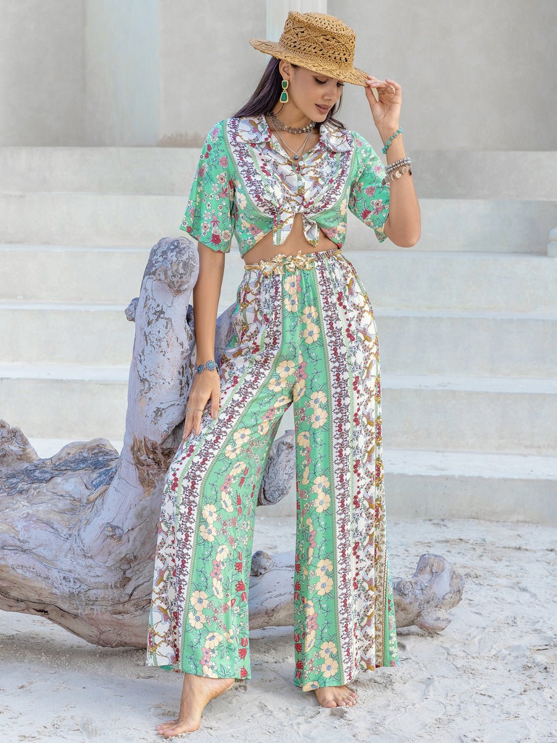 Beach Rose Co.Printed Half Sleeve Top and Wide Leg Pants Set in Gum Leaf