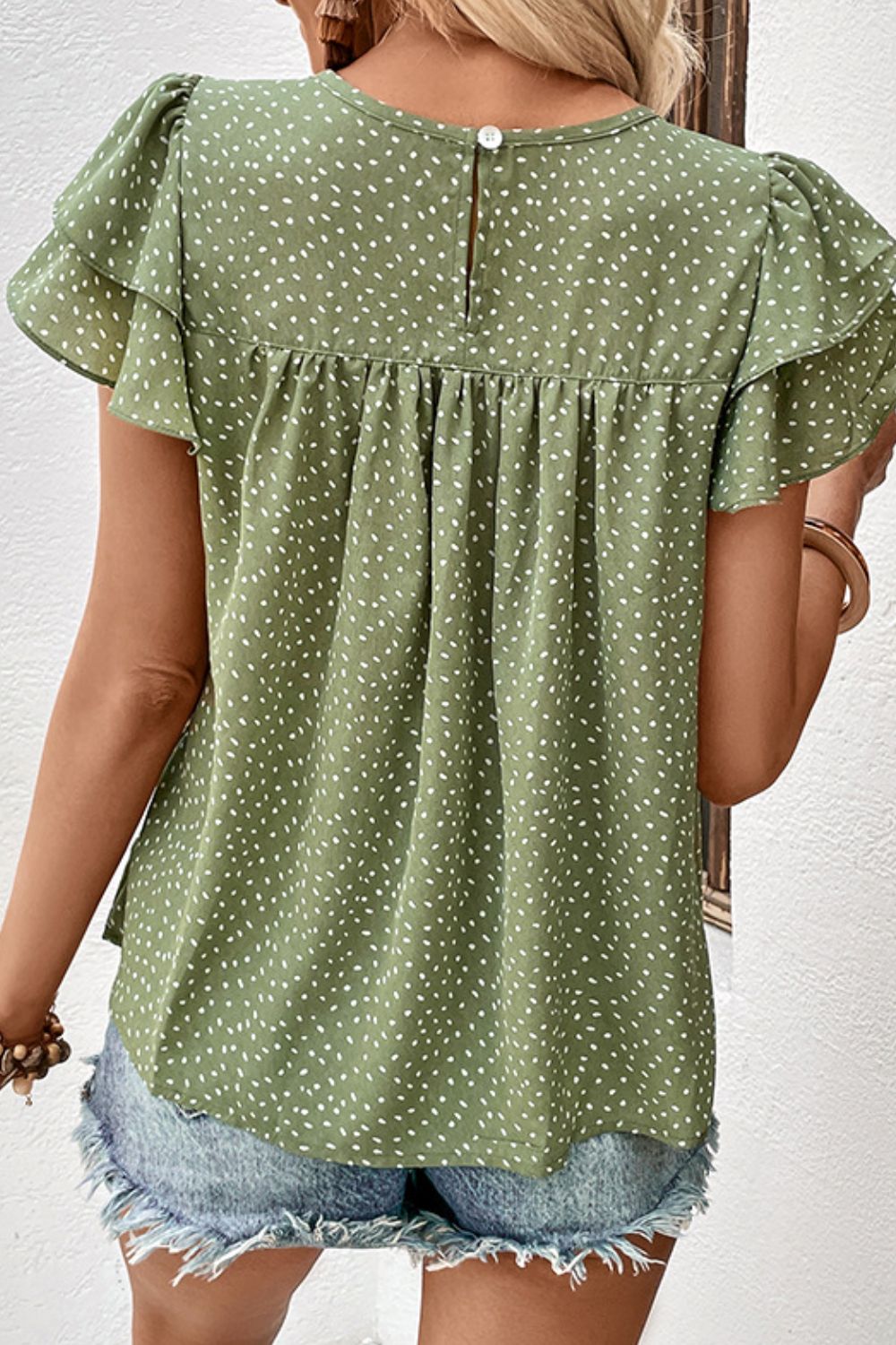 Beach Rose Co.Printed Puff Sleeve Blouse in Matcha Green