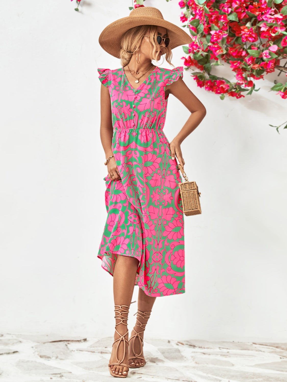 Beach Rose Co.Printed V - Neck Cap Sleeve Midi Dress in Pink Green