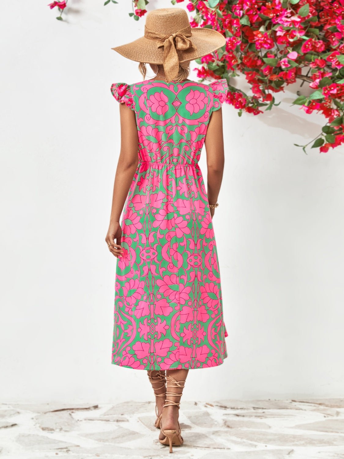 Beach Rose Co.Printed V - Neck Cap Sleeve Midi Dress in Pink Green