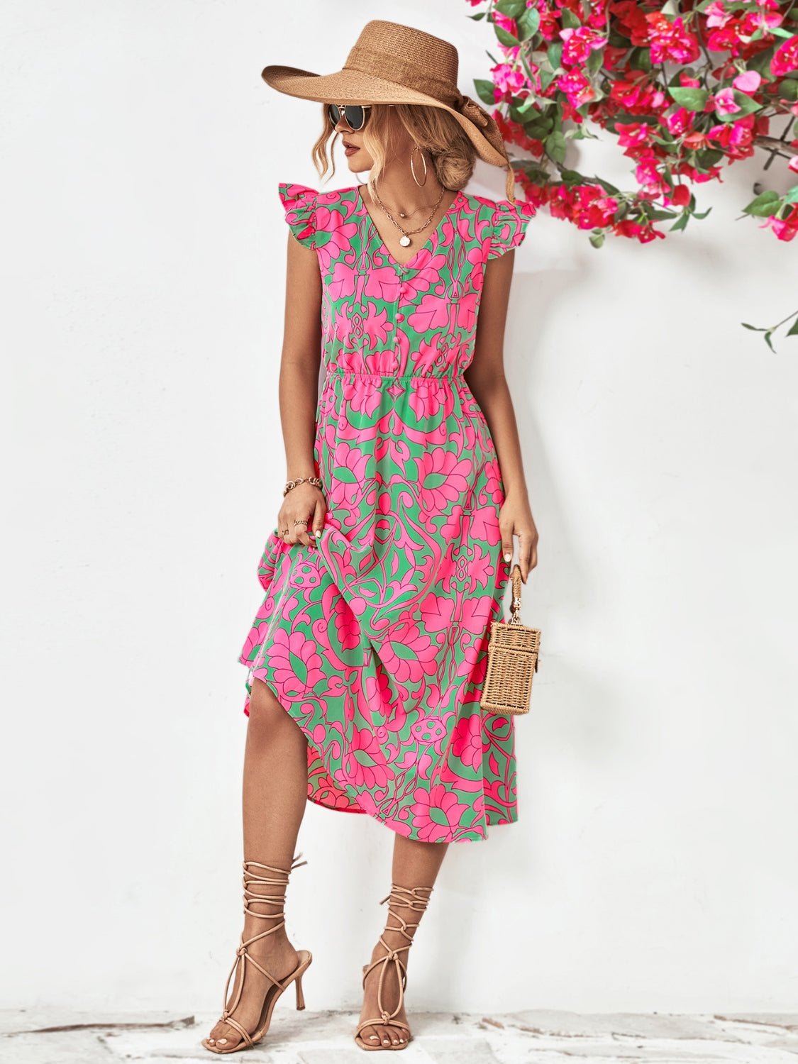 Beach Rose Co.Printed V - Neck Cap Sleeve Midi Dress in Pink Green