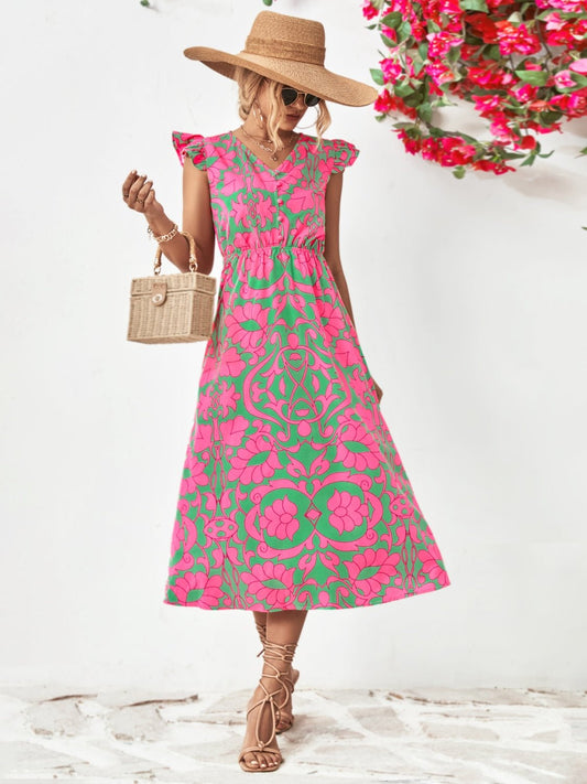 Beach Rose Co.Printed V - Neck Cap Sleeve Midi Dress in Pink Green