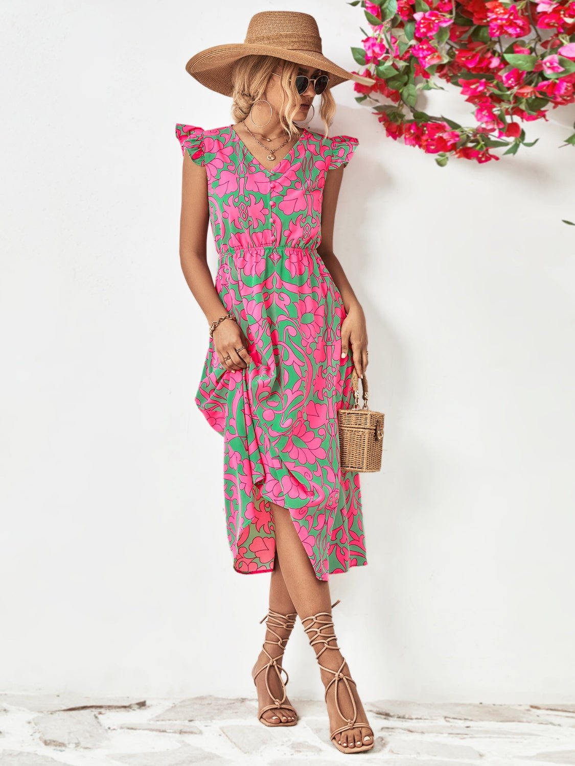 Beach Rose Co.Printed V - Neck Cap Sleeve Midi Dress in Pink Green