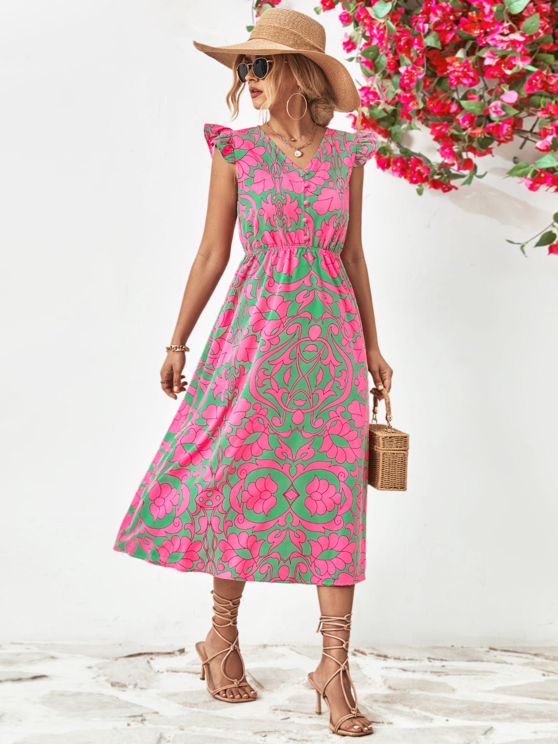 Beach Rose Co.Printed V - Neck Cap Sleeve Midi Dress in Pink Green