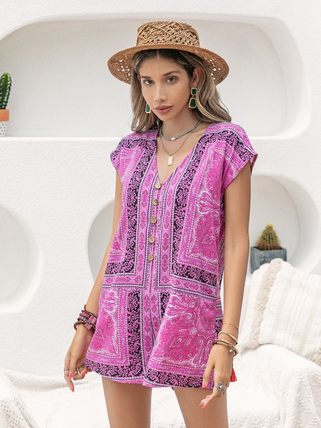 Beach Rose Co.Printed V - Neck Cap Sleeve Romper