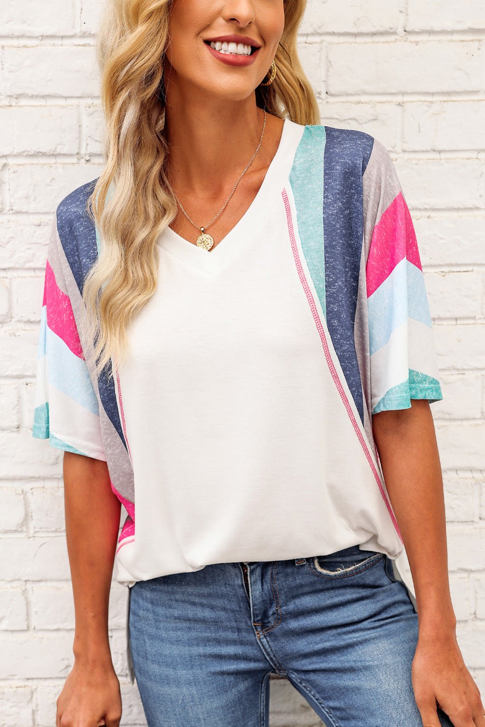 Beach Rose Co.Rainbow Stripe V - Neck Tunic T - Shirt in White