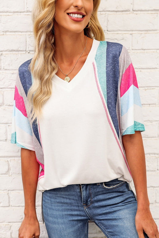 Beach Rose Co.Rainbow Stripe V - Neck Tunic T - Shirt in White