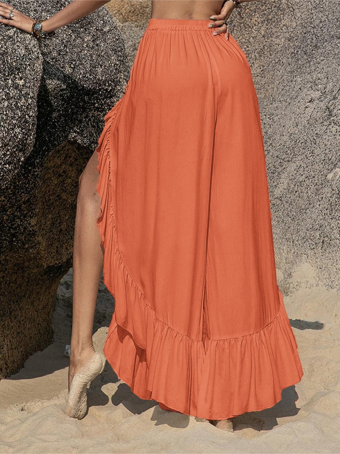 Beach Rose Co.Ruffled Slit Wide Leg Pants in Ochre