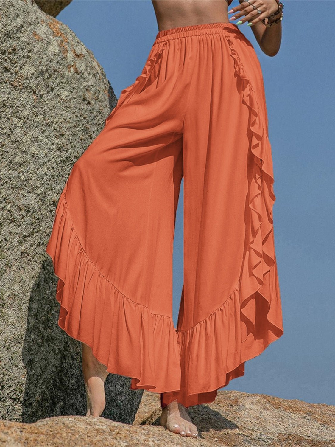 Beach Rose Co.Ruffled Slit Wide Leg Pants in Ochre