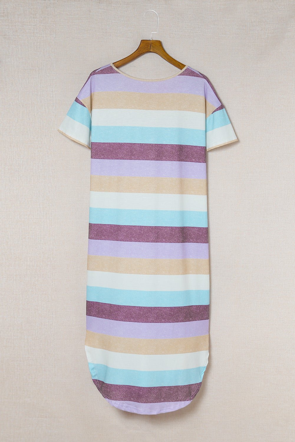 Beach Rose Co.Striped V - Neck Curved Hem Midi Dress in Purple